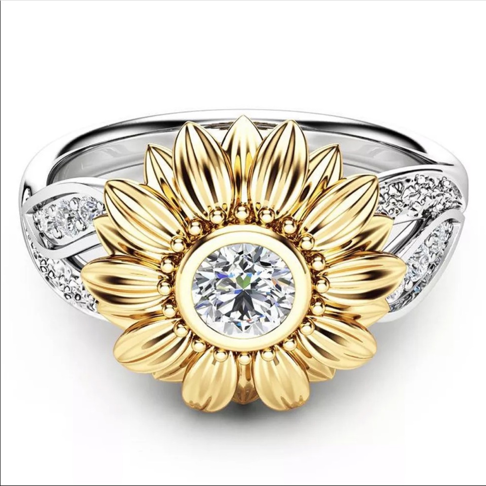 NWT CZ Stone Fashion Gold Silver Sunflower Ring - Picture 2 of 3